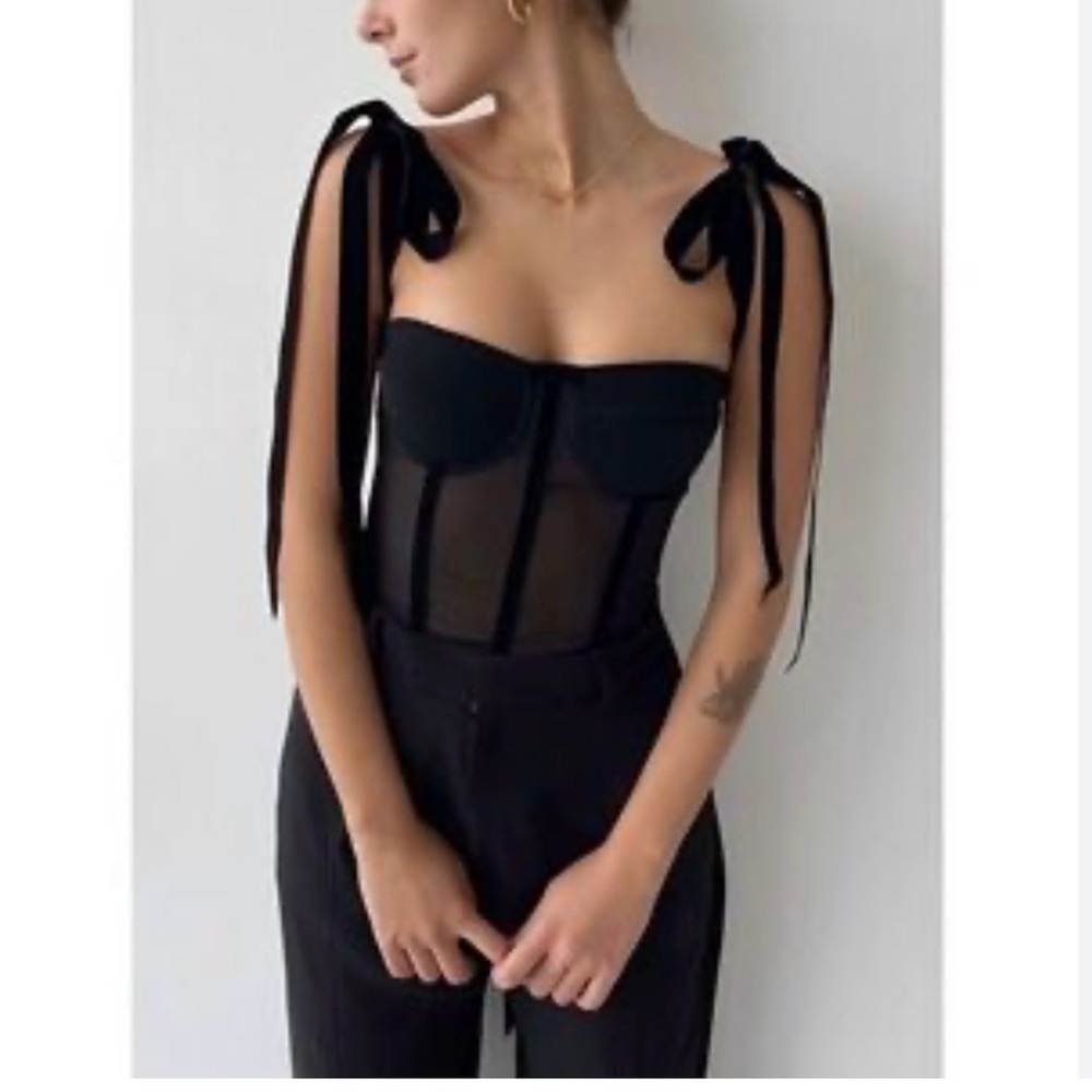 Commense Black Sheer Corset Crop Top with Tie Straps